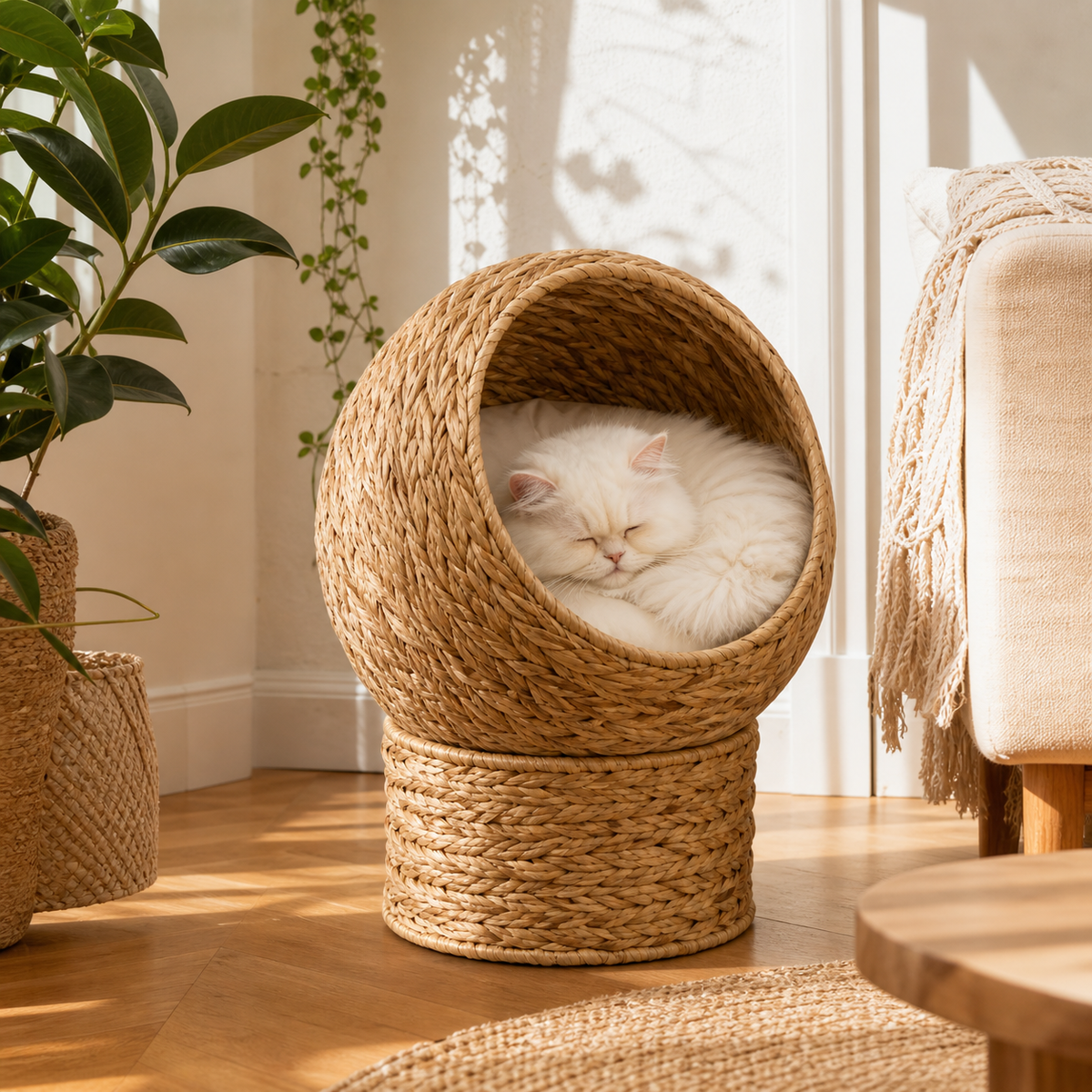 Corbeille Grotte pour Chat en Jacinthe d'eau Tressée à la Main - 2 Positions, Coussin Inclus, 42x33x52 cm