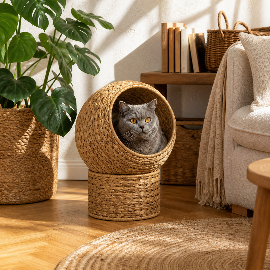 Corbeille Grotte pour Chat en Jacinthe d'eau Tressée à la Main - 2 Positions, Coussin Inclus, 42x33x52 cm