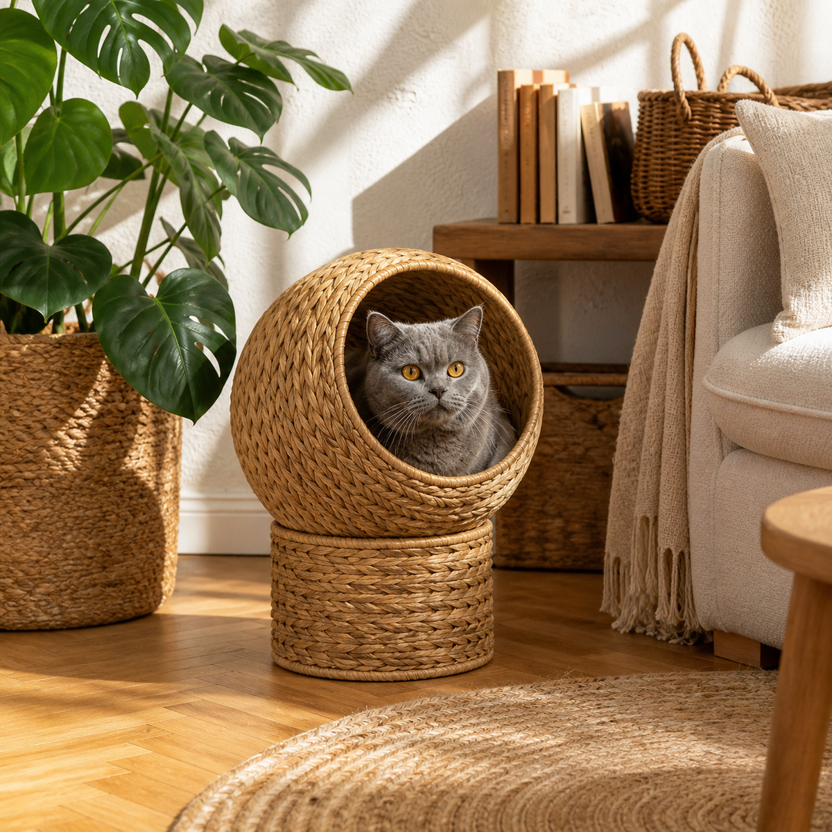 Corbeille Grotte pour Chat en Jacinthe d'eau Tressée à la Main - 2 Positions, Coussin Inclus, 42x33x52 cm