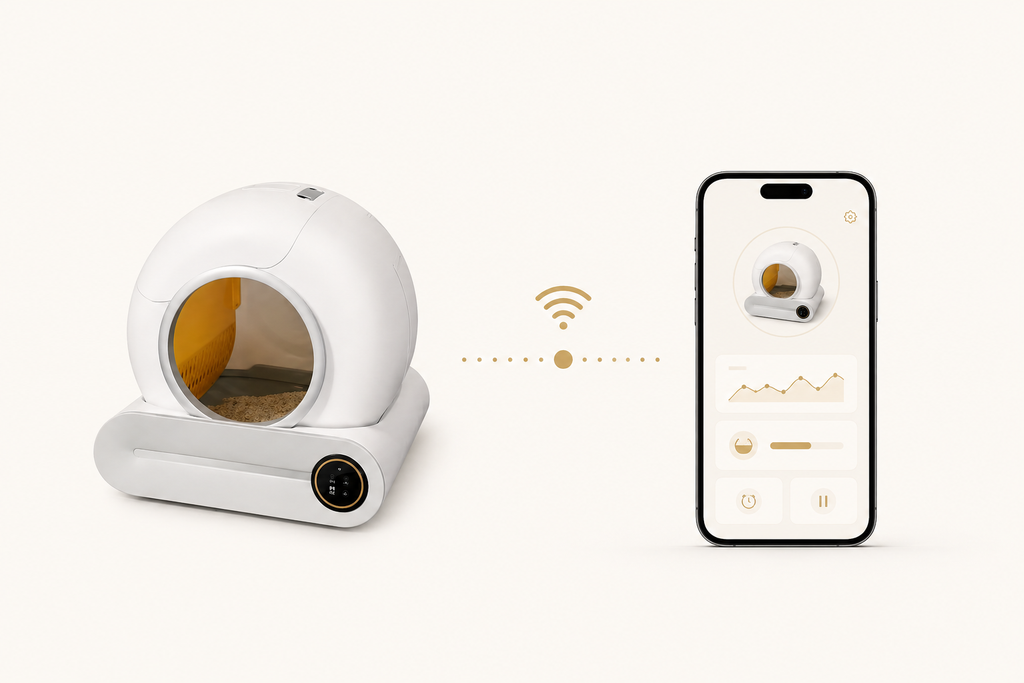 Litière Autonettoyante Connectée pour Chat - WiFi 2.4 GHz, App Tuya, Volume 65L, Bac 9L