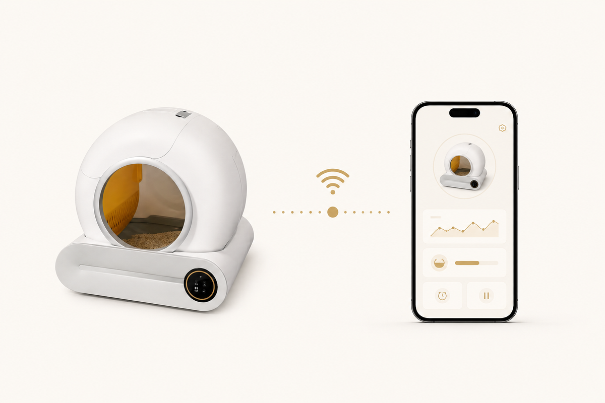 Litière Autonettoyante Connectée pour Chat - WiFi 2.4 GHz, App Tuya, Volume 65L, Bac 9L