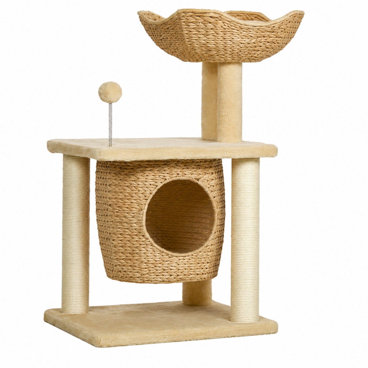 Arbre à chat sisal naturel beige 74cm niche rotin panier pompon griffoirs fond blanc - Aristochat