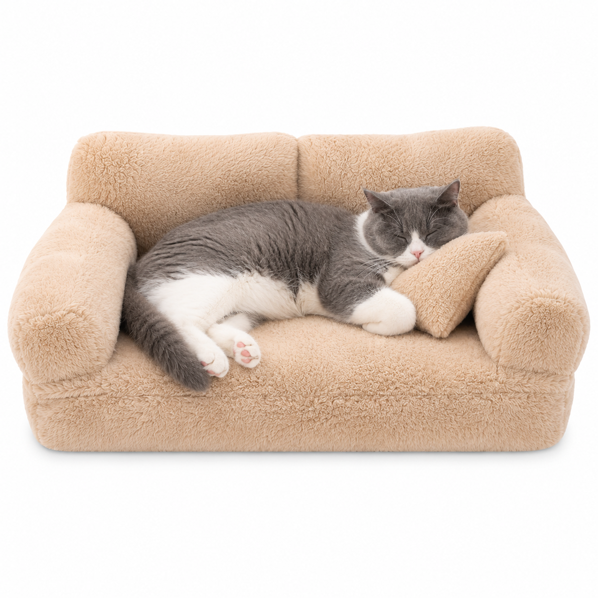 Canapé lit chat peluche beige rembourré antidérapant avec oreiller fond blanc - Aristochat
