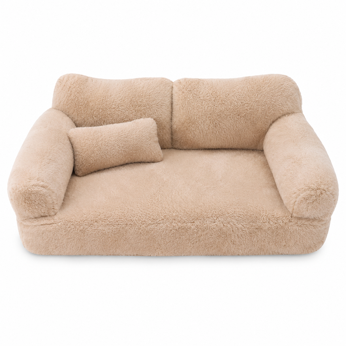 Canapé lit chat peluche beige 2 rembourré antidérapant avec oreiller fond blanc - Aristochat