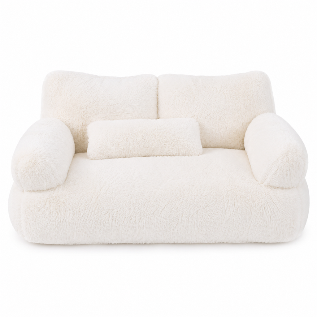 Canapé lit chat peluche blanc rembourré antidérapant avec oreiller fond blanc - Aristochat