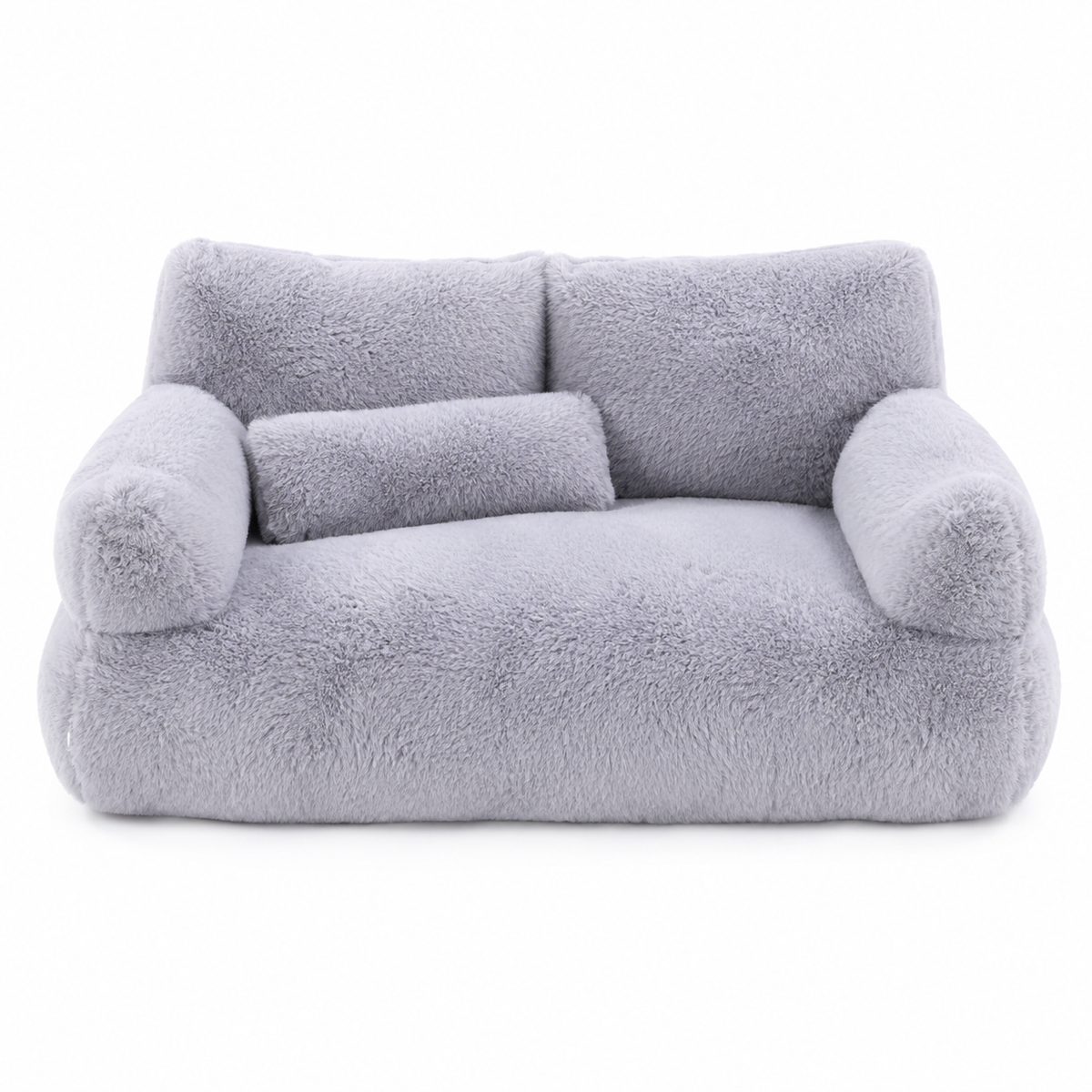 Canapé lit chat peluche gris rembourré antidérapant avec oreiller fond blanc - Aristochat