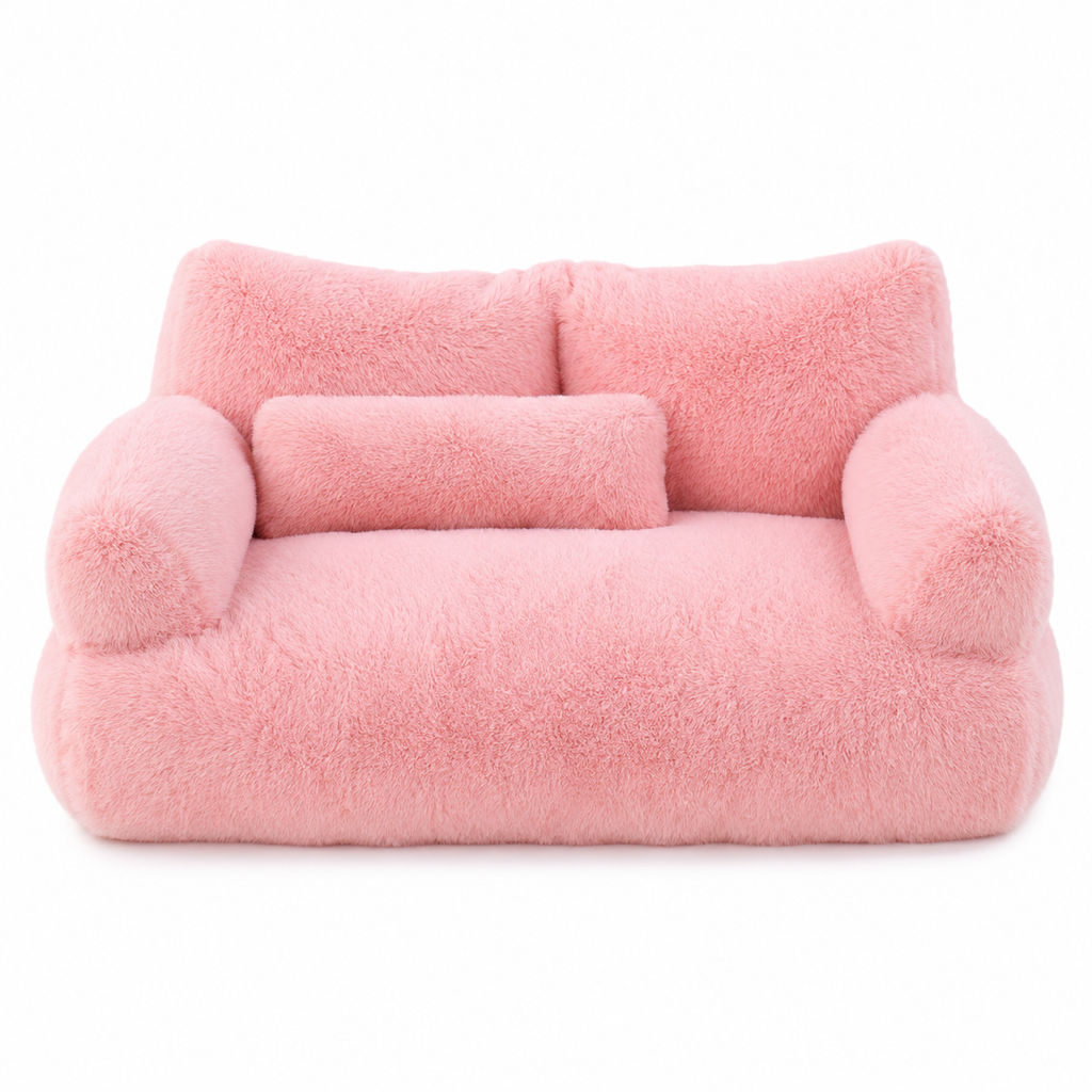 Canapé lit chat peluche rose rembourré antidérapant avec oreiller fond blanc - Aristochat