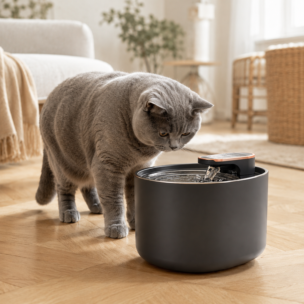 Capteur automatique fontaine eau chat British Shorthair salon parisien épuré - Aristochat