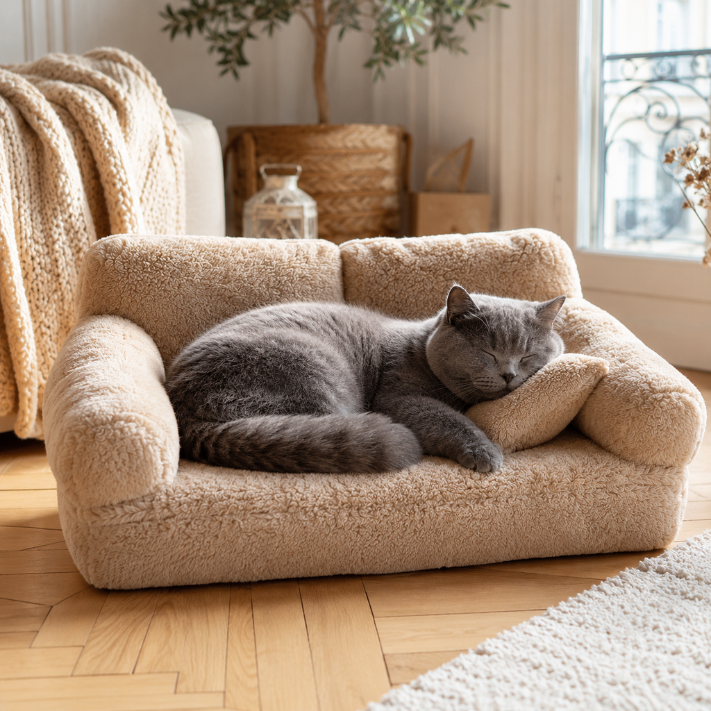 Chat British Shorthair endormi canapé lit peluche beige salon parisien bohème - Aristochat