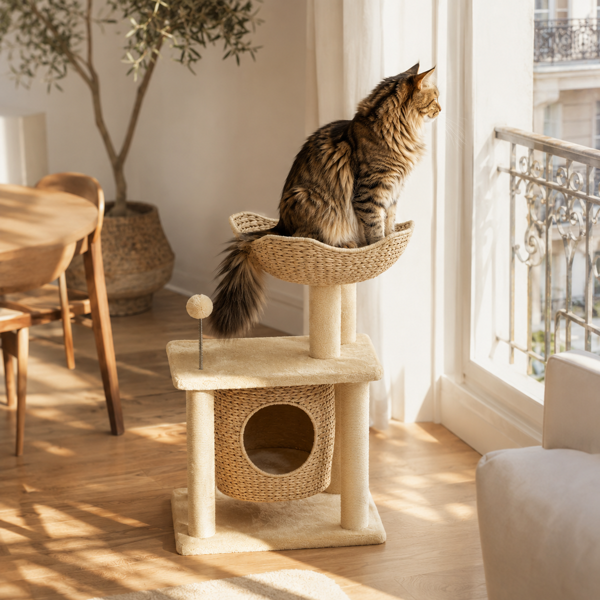 Chat Maine Coon perché sur panier observation arbre à chat sisal fenêtre lumineuse - Aristochat
