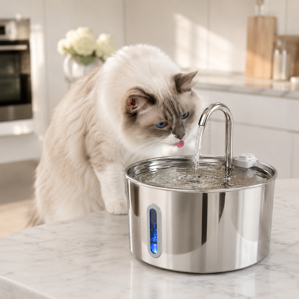 Chat Ragdoll buvant fontaine eau inox 304 cuisine parisienne moderne - Aristochat