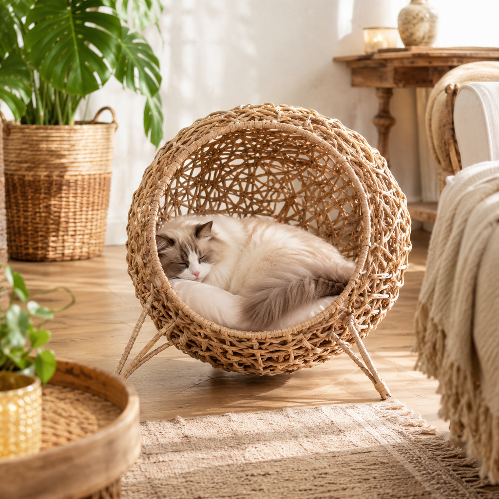Chat Ragdoll endormi dans nichoir rotin tressé sphérique salon parisien bohème - Aristochat