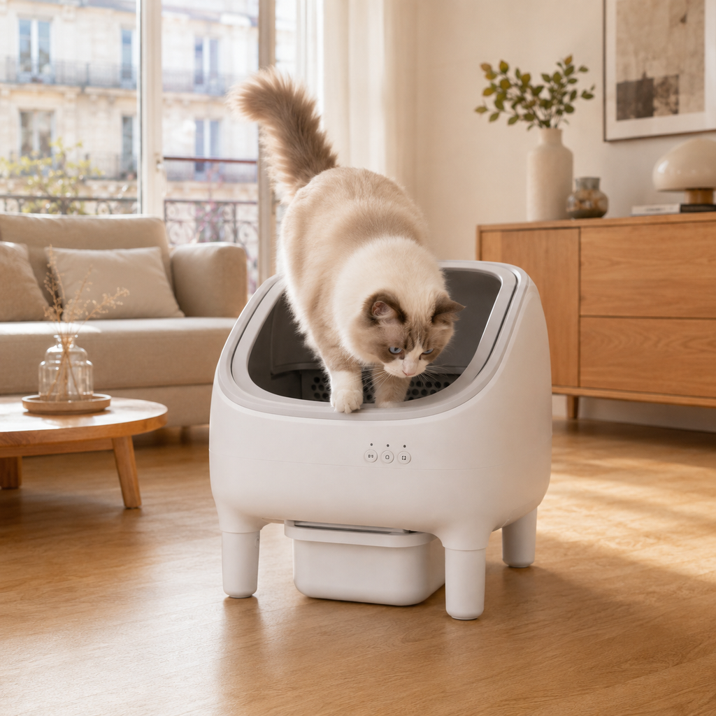 Chat Ragdoll entrant litière autonettoyante ouverture supérieure 360° salon parisien - Aristochat