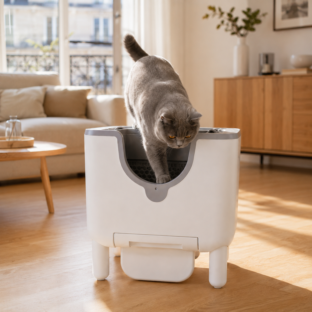 Chat entrant litière autonettoyante ouverture supérieure blanche salon parisien - Aristochat