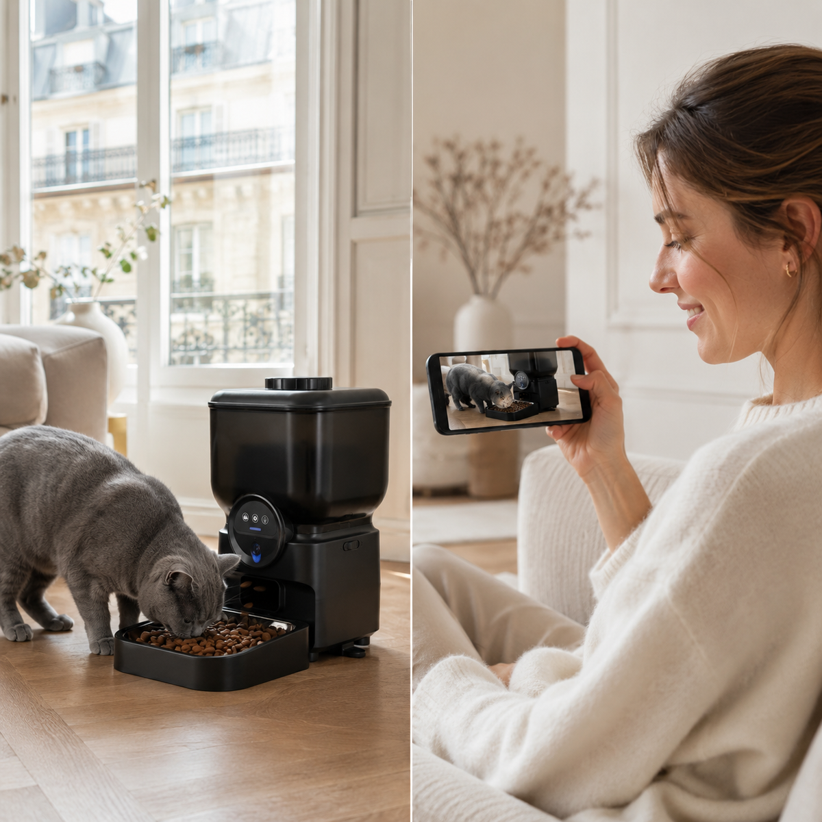 Chat mangeant distributeur automatique caméra HD propriétaire surveille smartphone - Aristochat