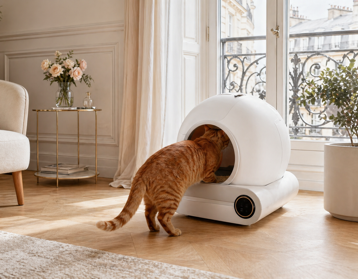 Litière Autonettoyante Connectée pour Chat - WiFi 2.4 GHz, App Tuya, Volume 65L, Bac 9L