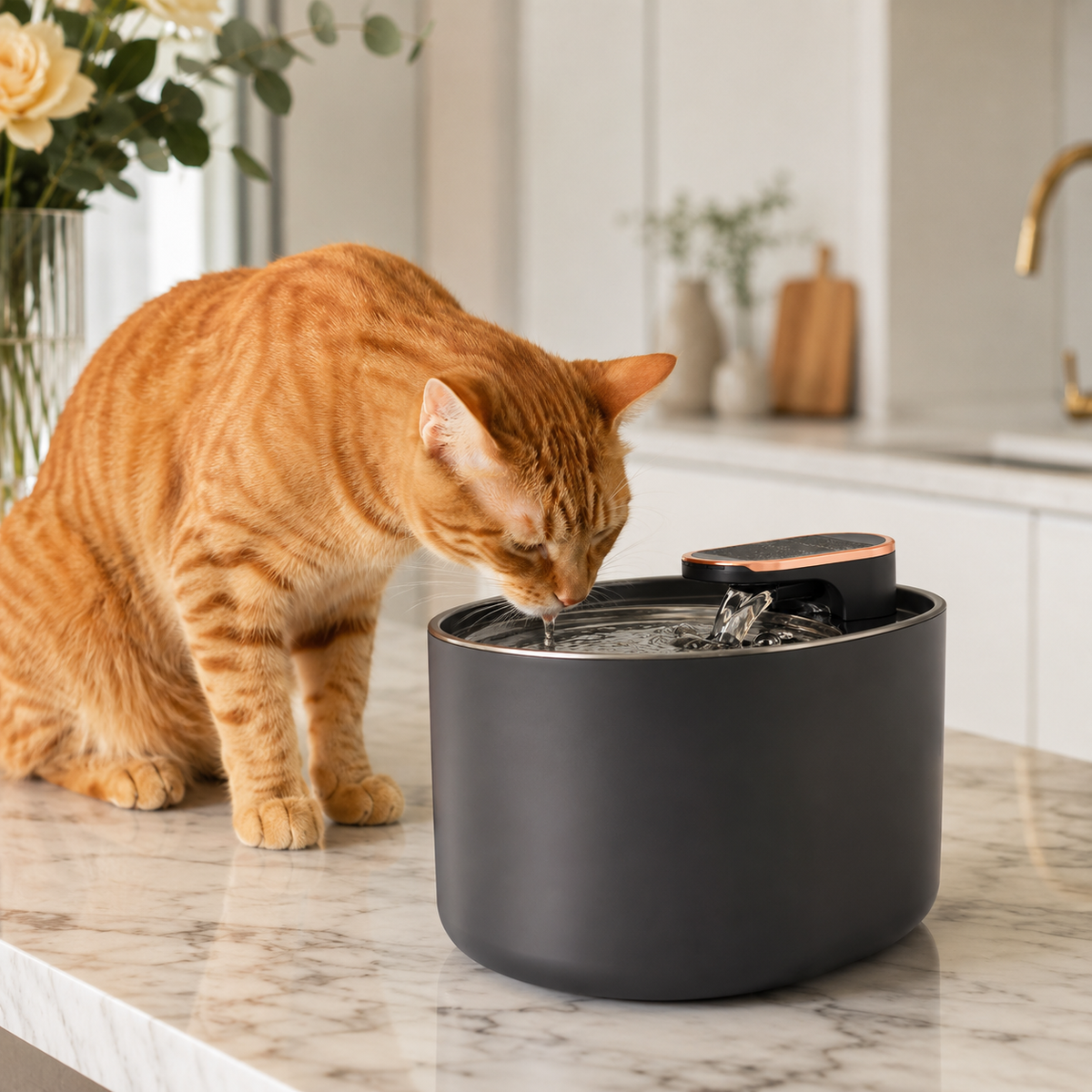Chat roux buvant fontaine eau automatique inox cuisine parisienne moderne - Aristochat