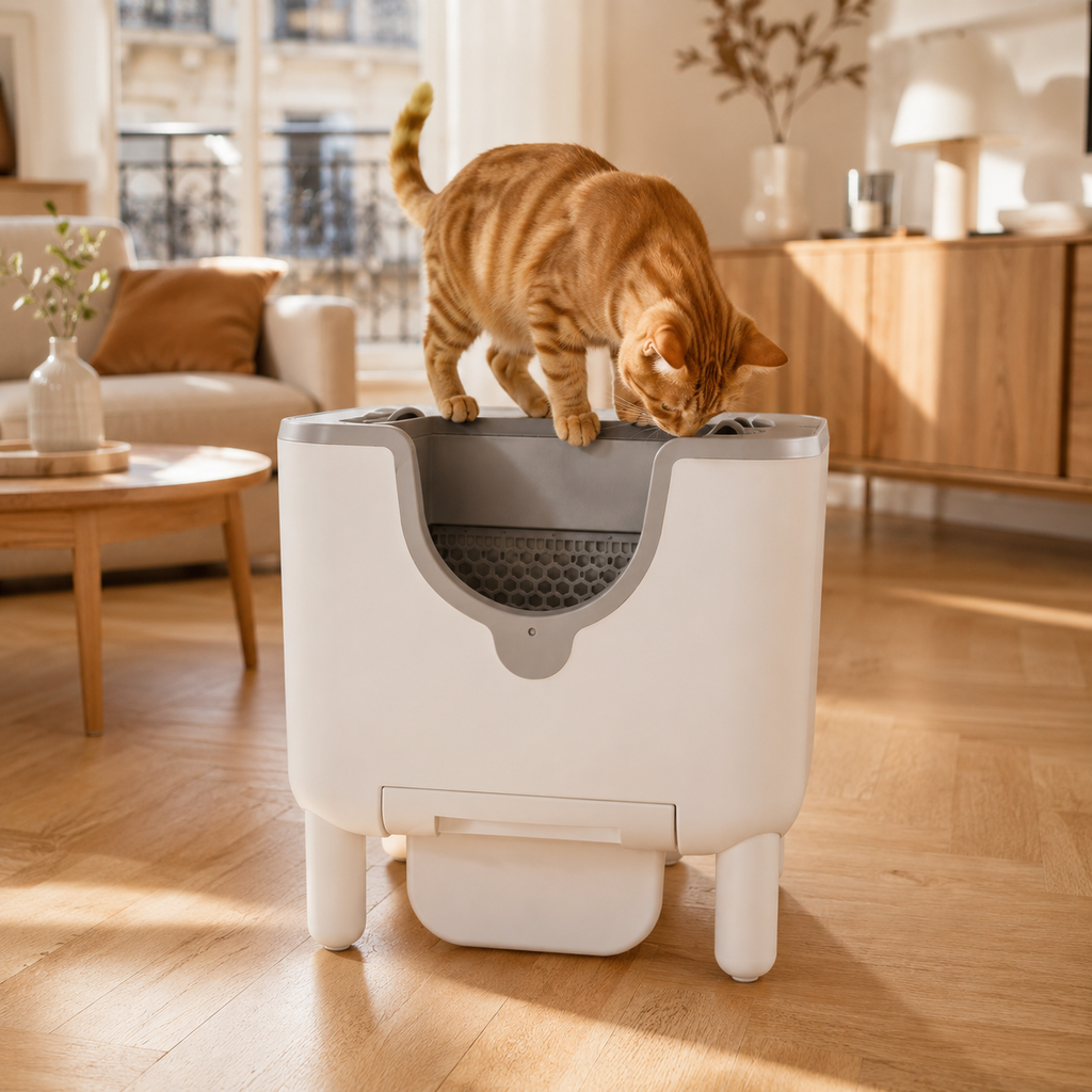 Chat tigré entrant litière autonettoyante ouverture supérieure blanche salon parisien - Aristochat