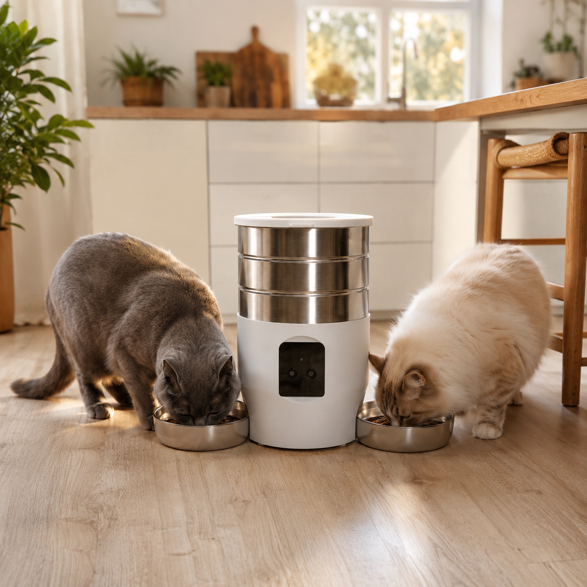 Deux chats mangeant simultanément distributeur automatique double bols inox cuisine parisienne - Aristochat