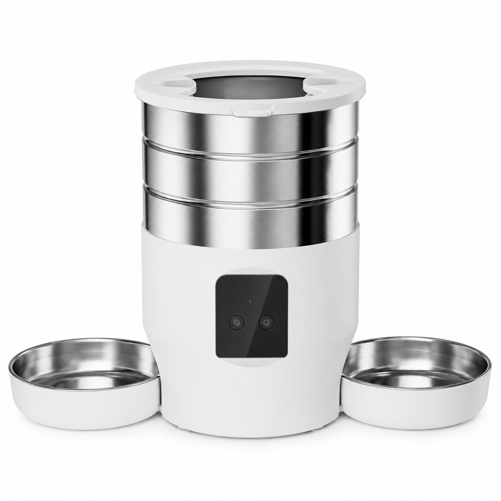 Distributeur automatique nourriture 2 chats WiFi 4,5L double bols inox 304 fond blanc - Aristochat
