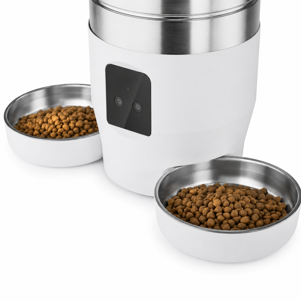 Gros plan double bols inox 304 croquettes distributeur automatique 2 chats - Aristochat