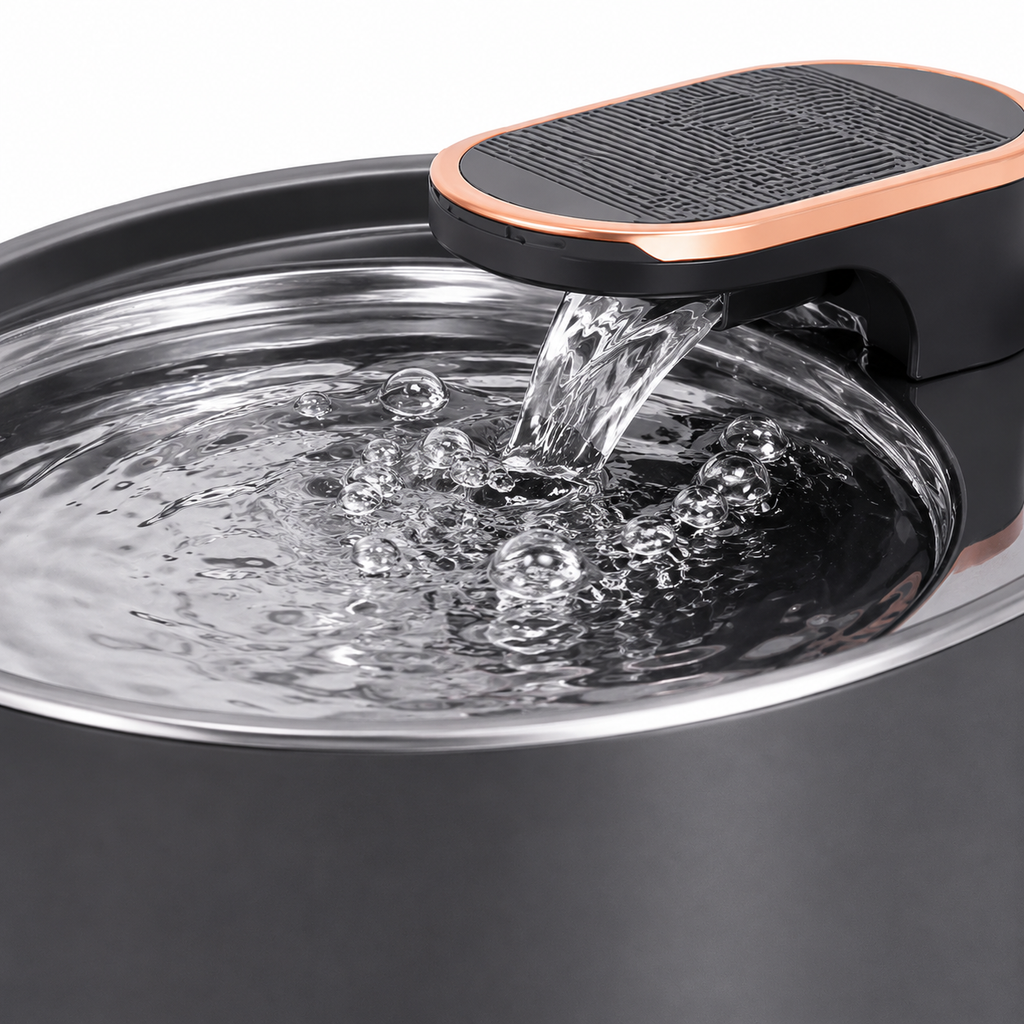 Gros plan flux eau fontaine automatique acier inoxydable chat - Aristochat