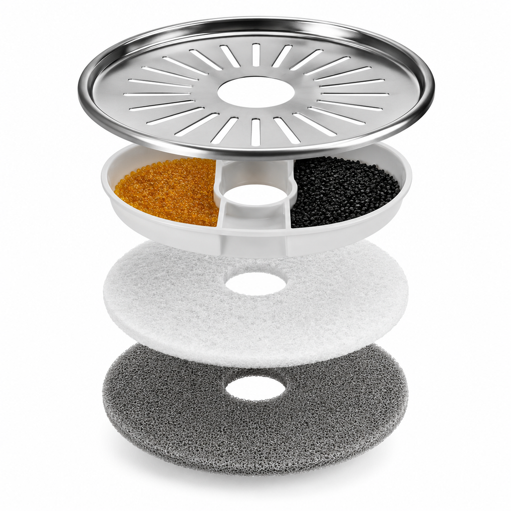 Gros plan système filtration 4 couches fontaine eau chat inox anti-calcaire anti-odeurs - Aristochat