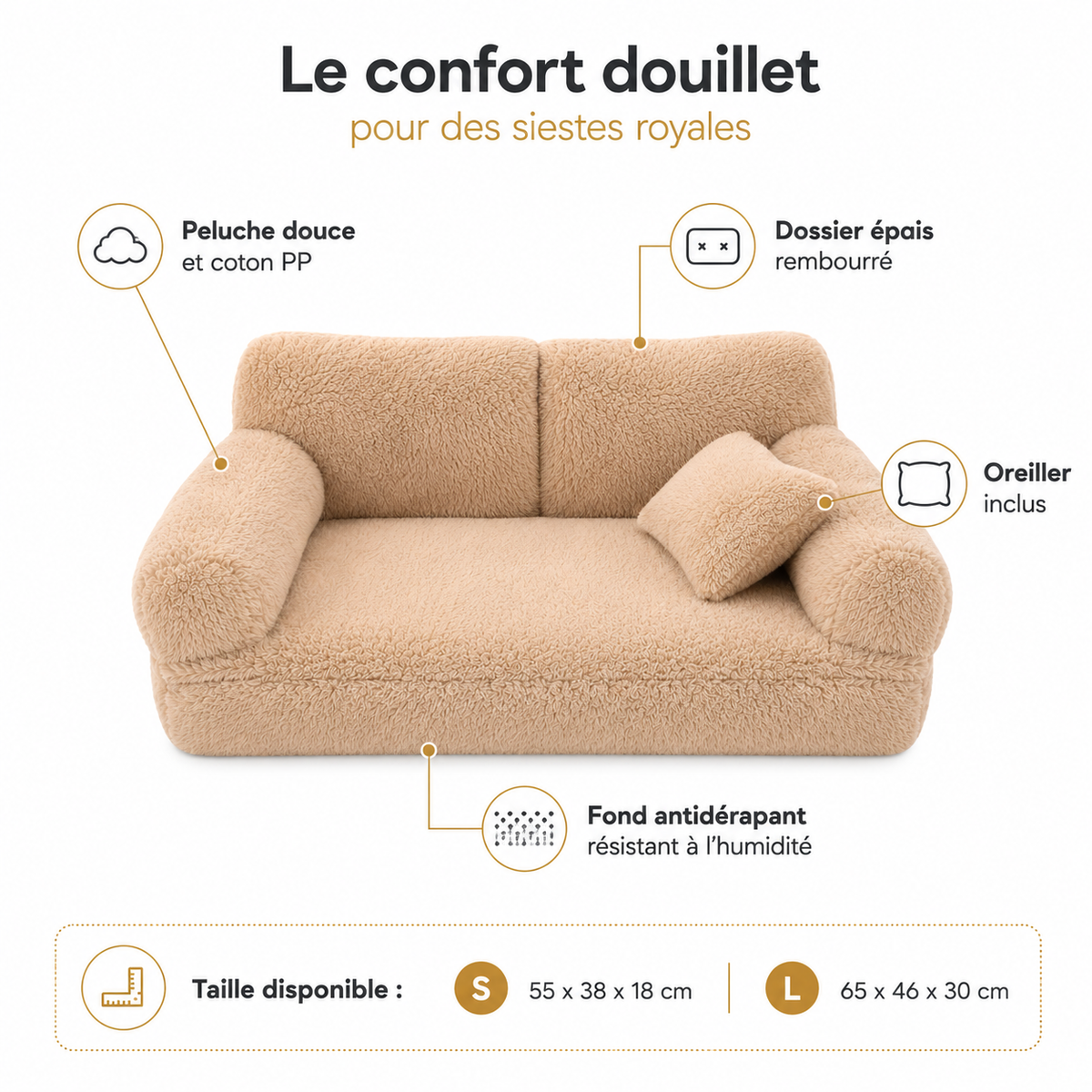 Infographie canapé lit chat peluche antidérapant oreiller - Aristochat