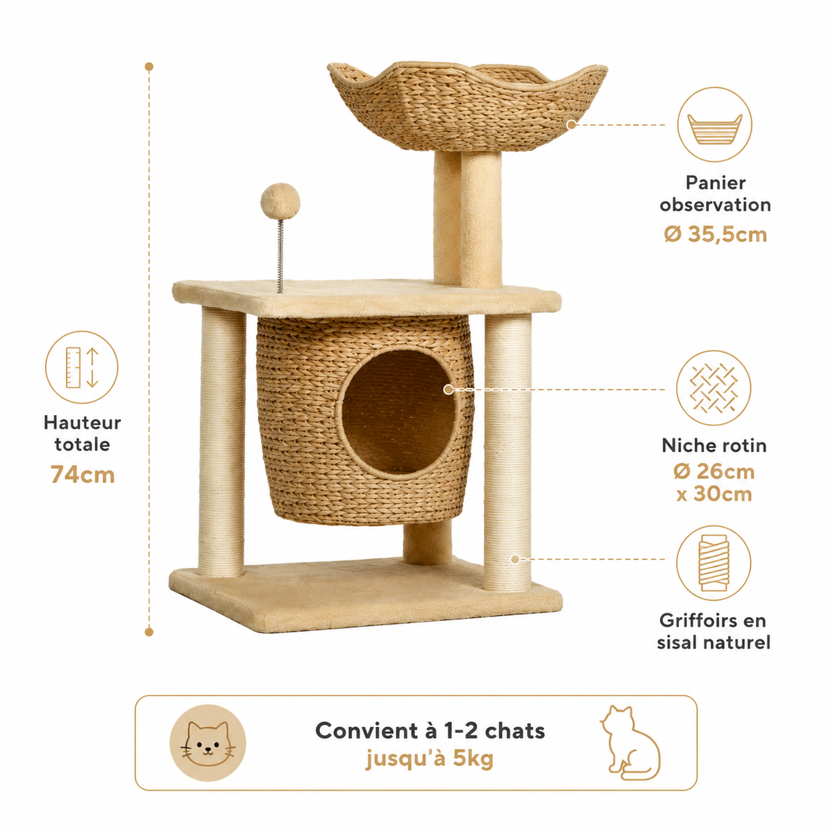 Infographie dimensions arbre à chat sisal 74cm niche rotin panier observation - Aristochat