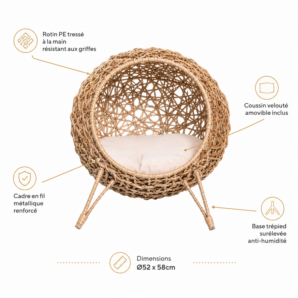 Infographie dimensions nichoir surélevé chat rotin tressé Ø52x58cm coussin trépied - Aristochat