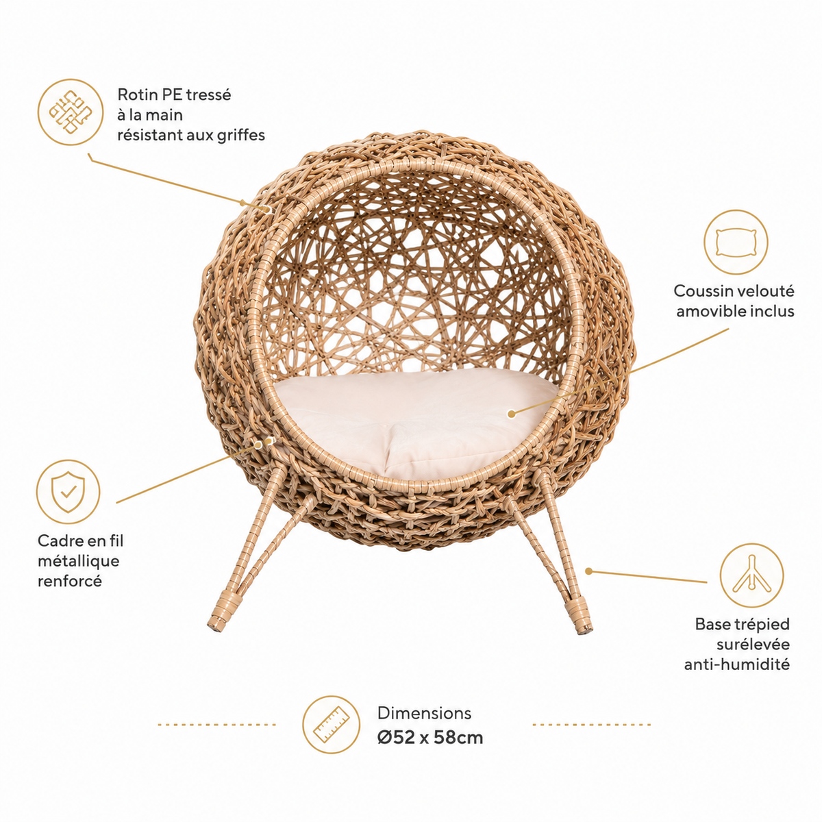 Infographie dimensions nichoir surélevé chat rotin tressé Ø52x58cm coussin trépied - Aristochat