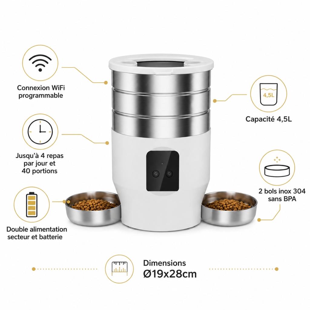 Infographie distributeur automatique 2 chats WiFi 4,5L double bols inox 304 programmable - Aristochat