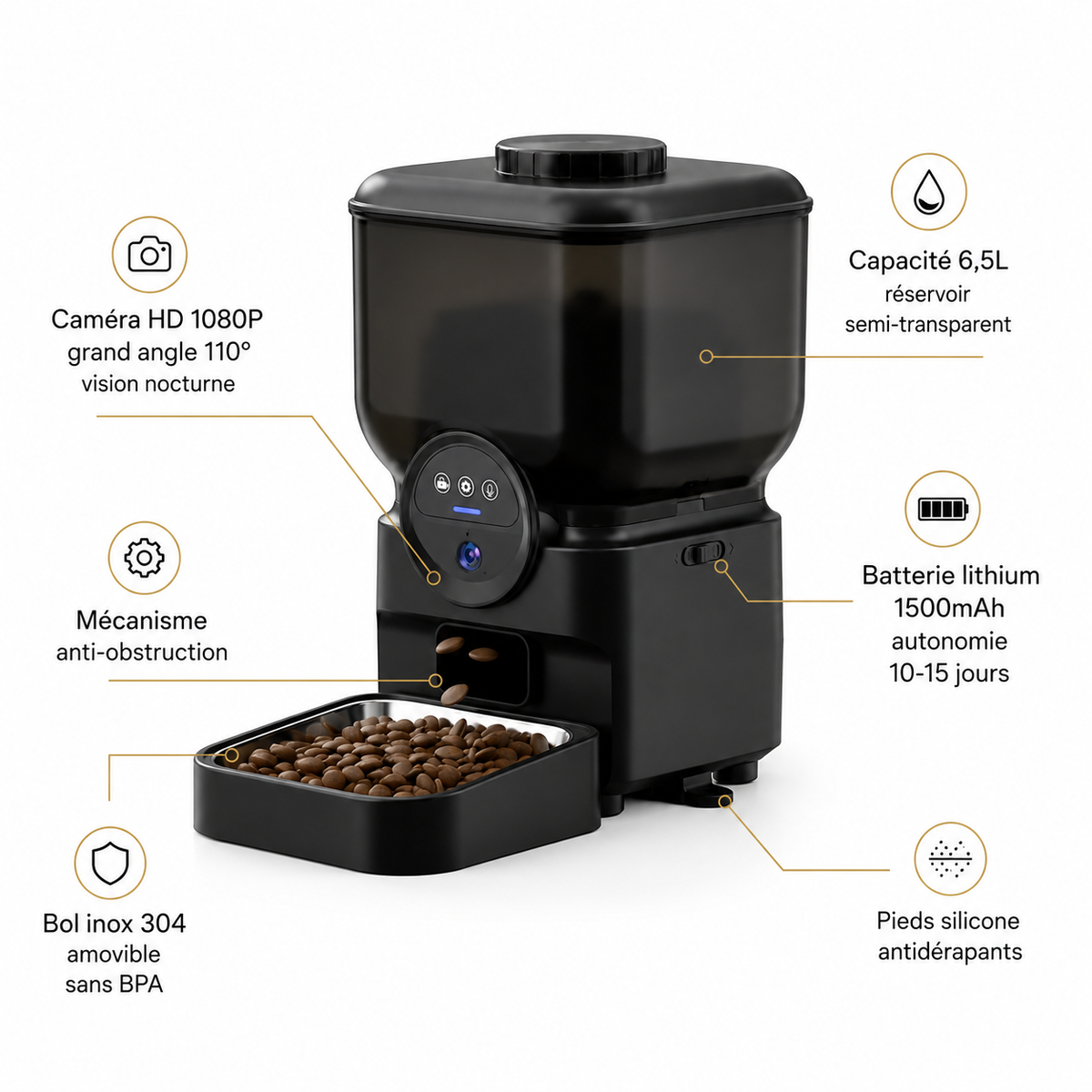 Infographie distributeur automatique chat caméra HD 1080P 6,5L inox batterie WiFi - Aristochat