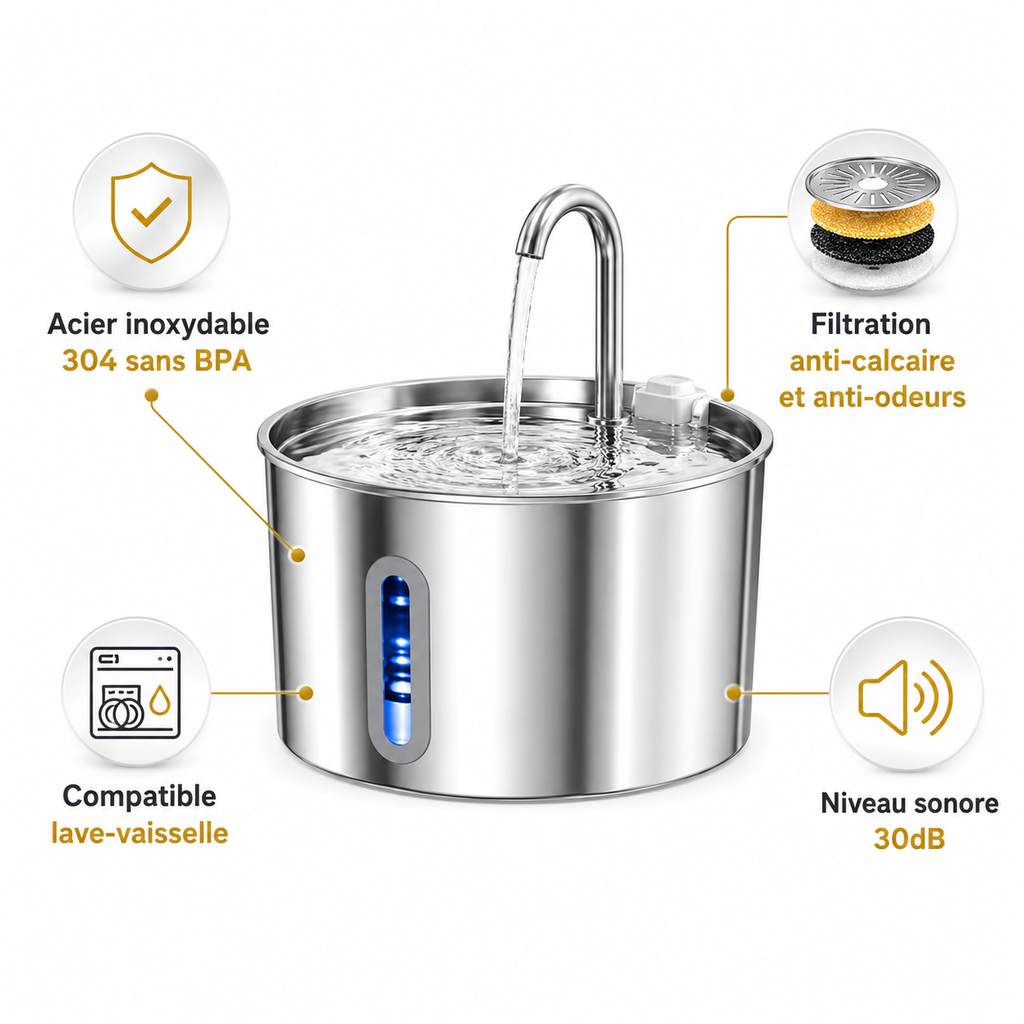 Infographie fontaine eau chat inox 304 filtration 4 couches 30dB lave-vaisselle - Aristochat