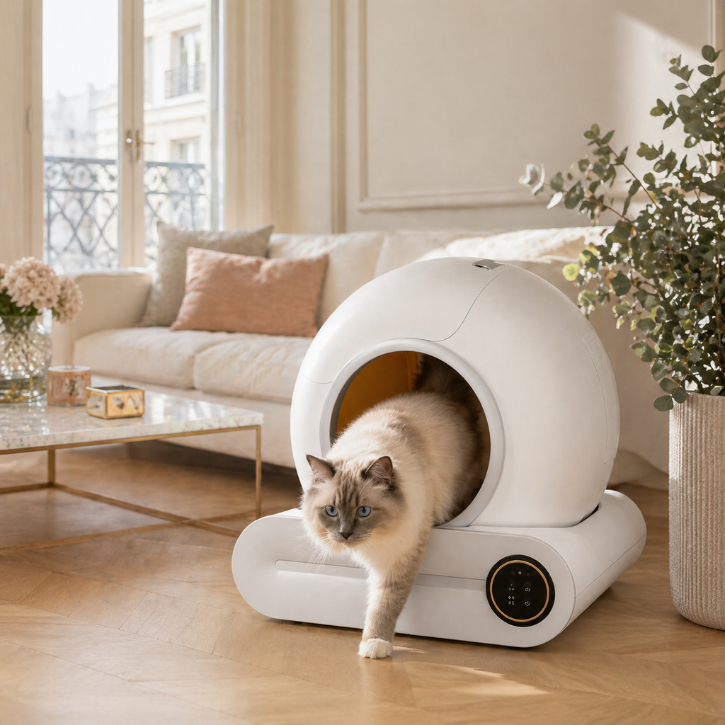 Litière Autonettoyante Connectée pour Chat - WiFi 2.4 GHz, App Tuya, Volume 65L, Bac 9L