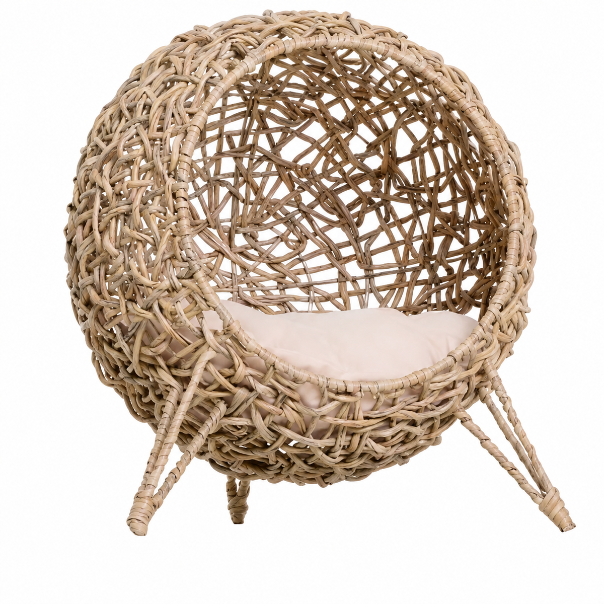 Nichoir surélevé chat rotin PE tressé main sphérique brun beige coussin base trépied fond blanc - Aristochat