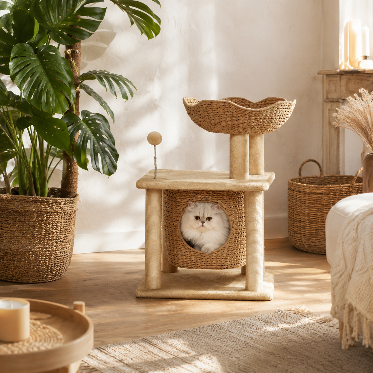 Arbre à chat sisal beige dans salon bohème parisien avec chat Persan blanc - Aristochat