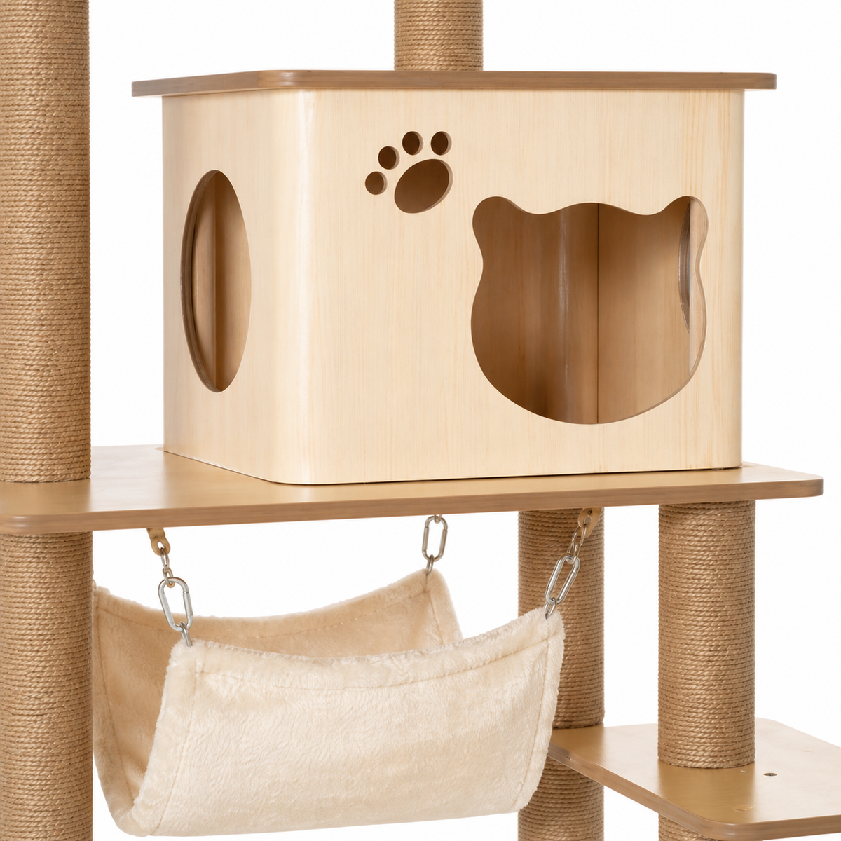 Arbre à Chat en Bois 130 cm — Grotte, Hamac, Rampe, Griffoirs en Jute, 4 Niveaux