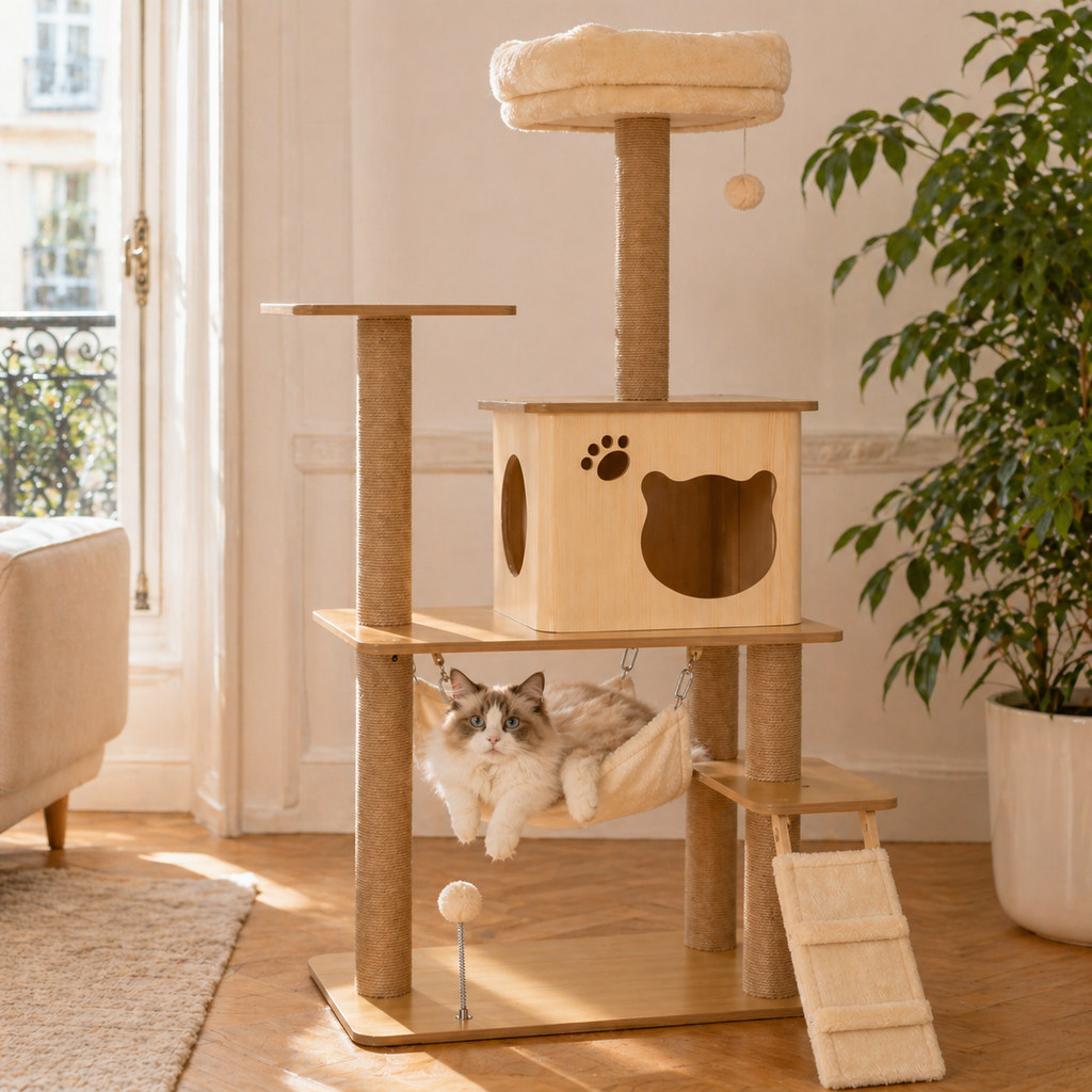 Arbre à Chat en Bois 130 cm — Grotte, Hamac, Rampe, Griffoirs en Jute, 4 Niveaux