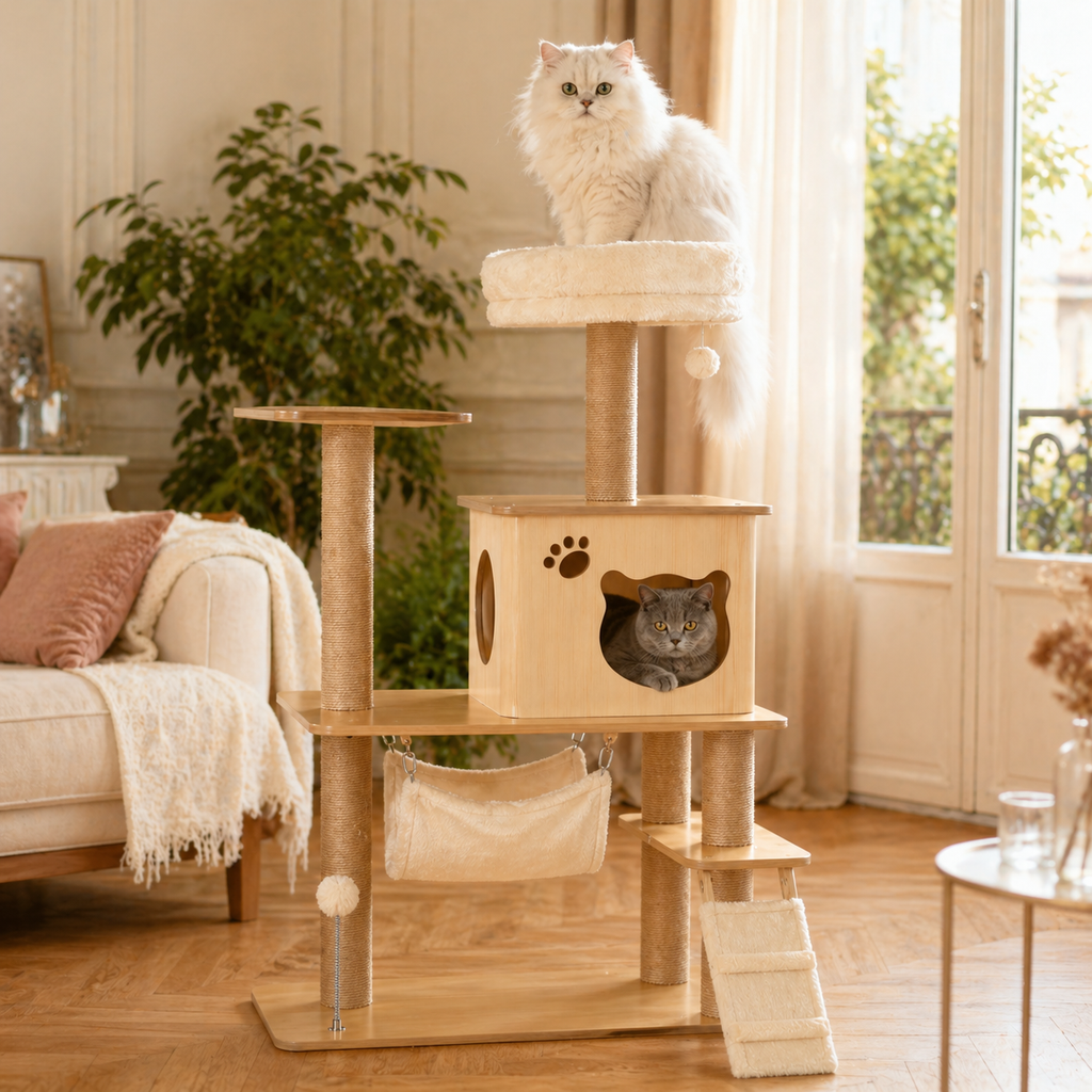Arbre à Chat en Bois 130 cm — Grotte, Hamac, Rampe, Griffoirs en Jute, 4 Niveaux
