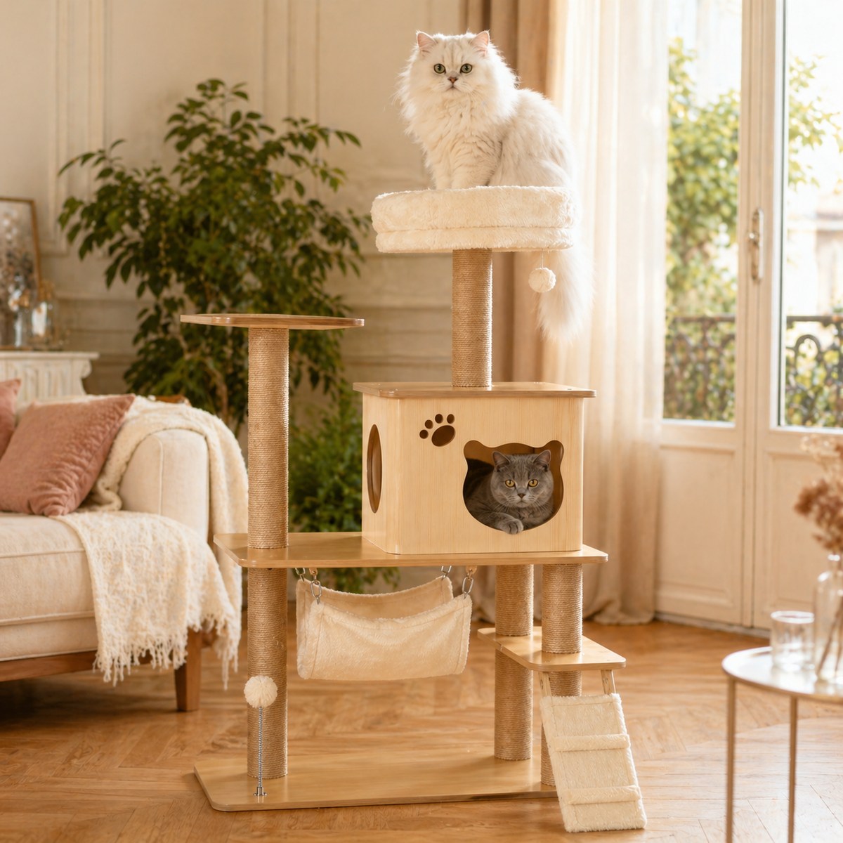 Arbre à Chat en Bois 130 cm — Grotte, Hamac, Rampe, Griffoirs en Jute, 4 Niveaux