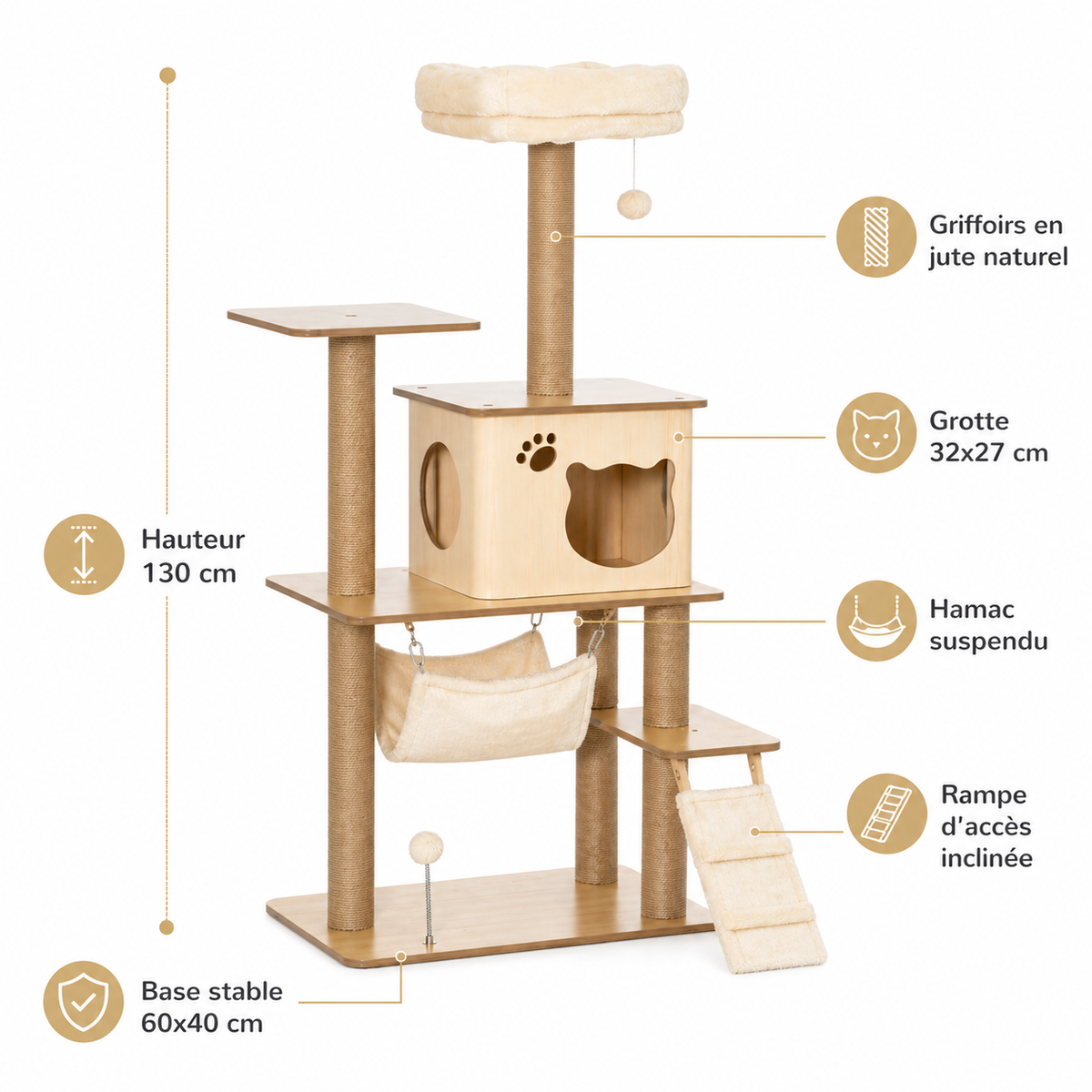 Arbre à Chat en Bois 130 cm — Grotte, Hamac, Rampe, Griffoirs en Jute, 4 Niveaux