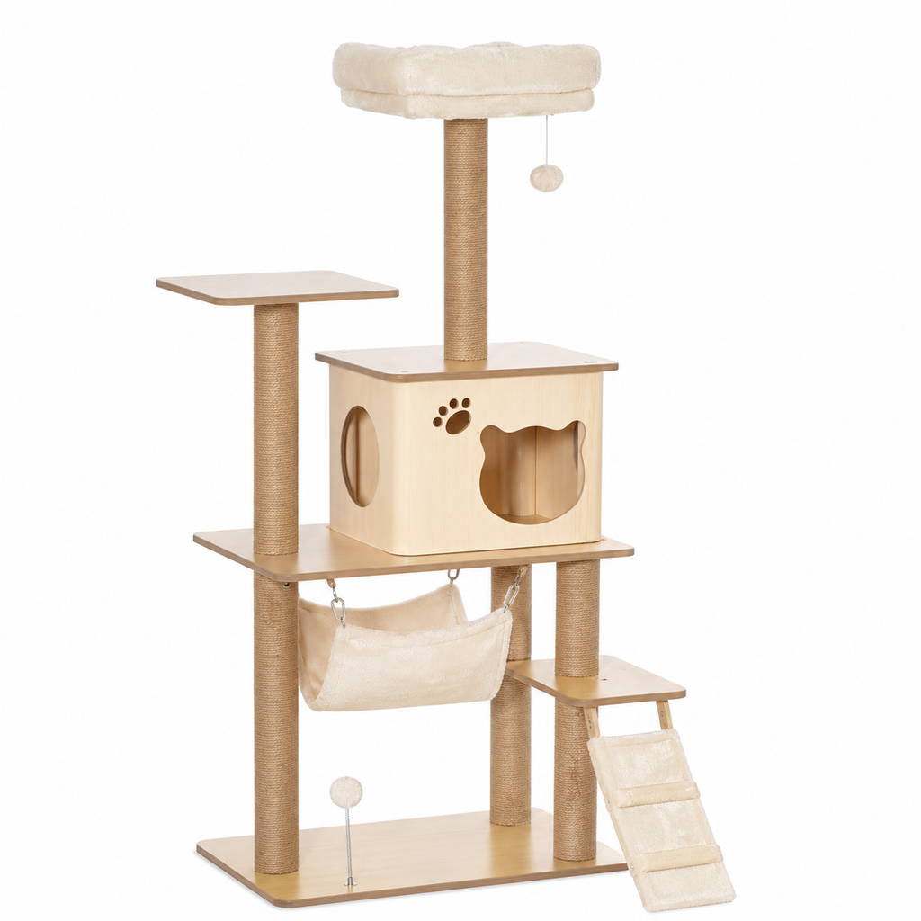 Arbre à chat en bois beige 130 cm avec grotte hamac griffoir jute et rampe - Aristochat