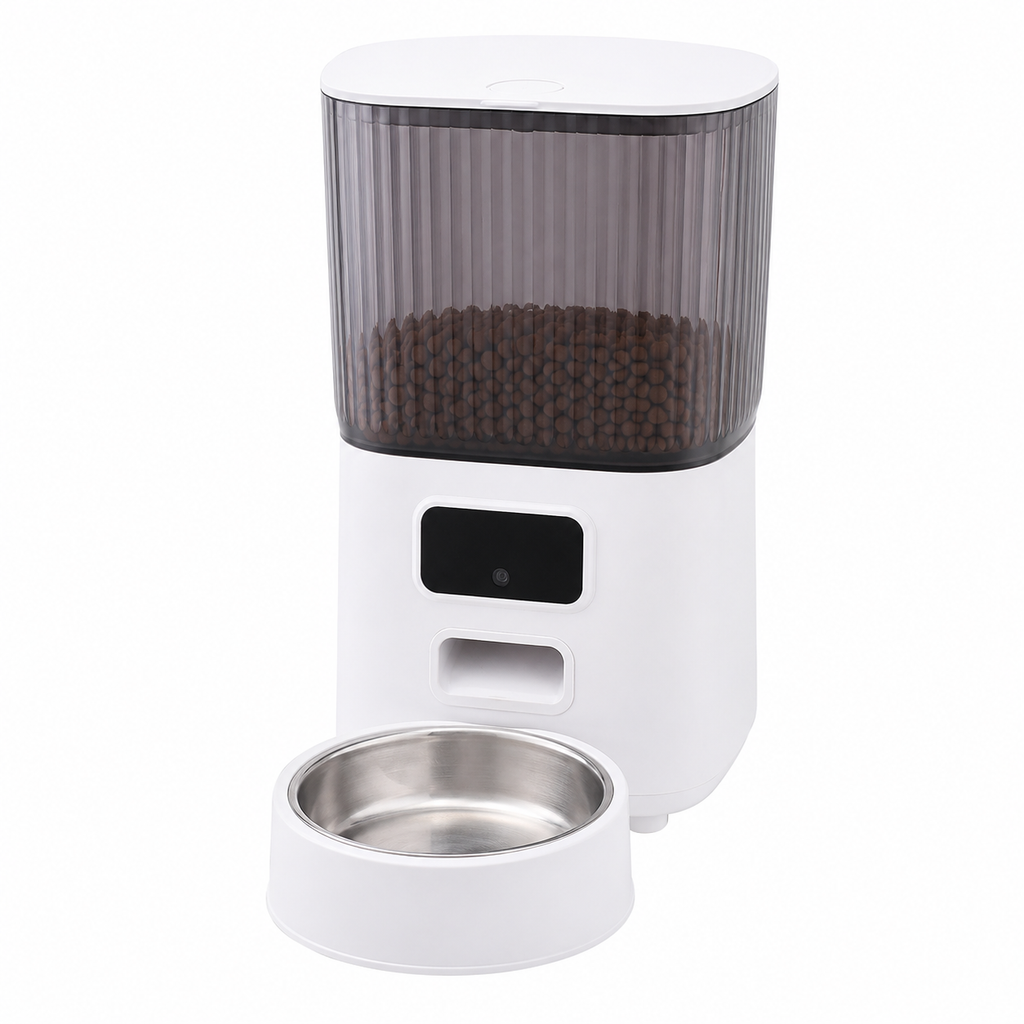 Distributeur automatique nourriture chat WiFi blanc 5L bol inox fond blanc - Aristochat