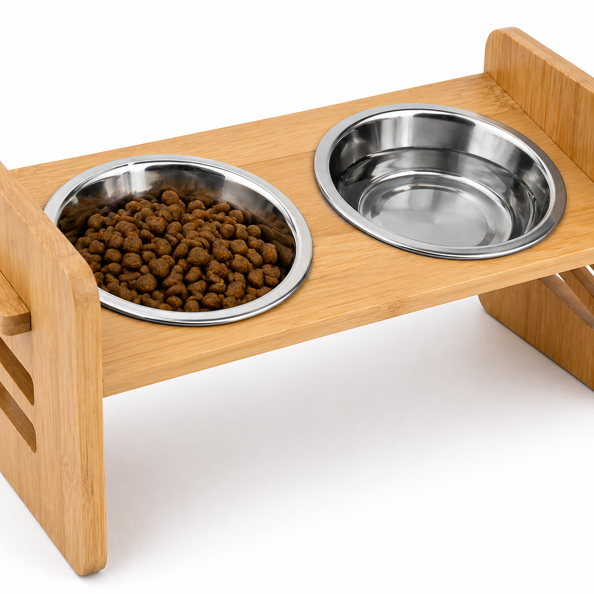 Support Gamelles Surélevé pour Chat en Bambou - 2 Bols Inox 304, 380 ml, Hauteur Réglable 3 Niveaux