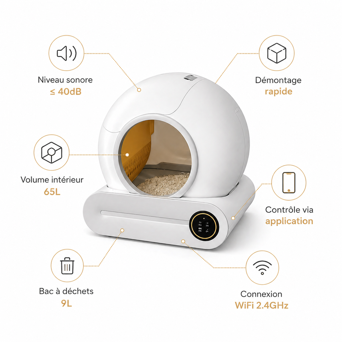 Litière Autonettoyante Connectée pour Chat - WiFi 2.4 GHz, App Tuya, Volume 65L, Bac 9L