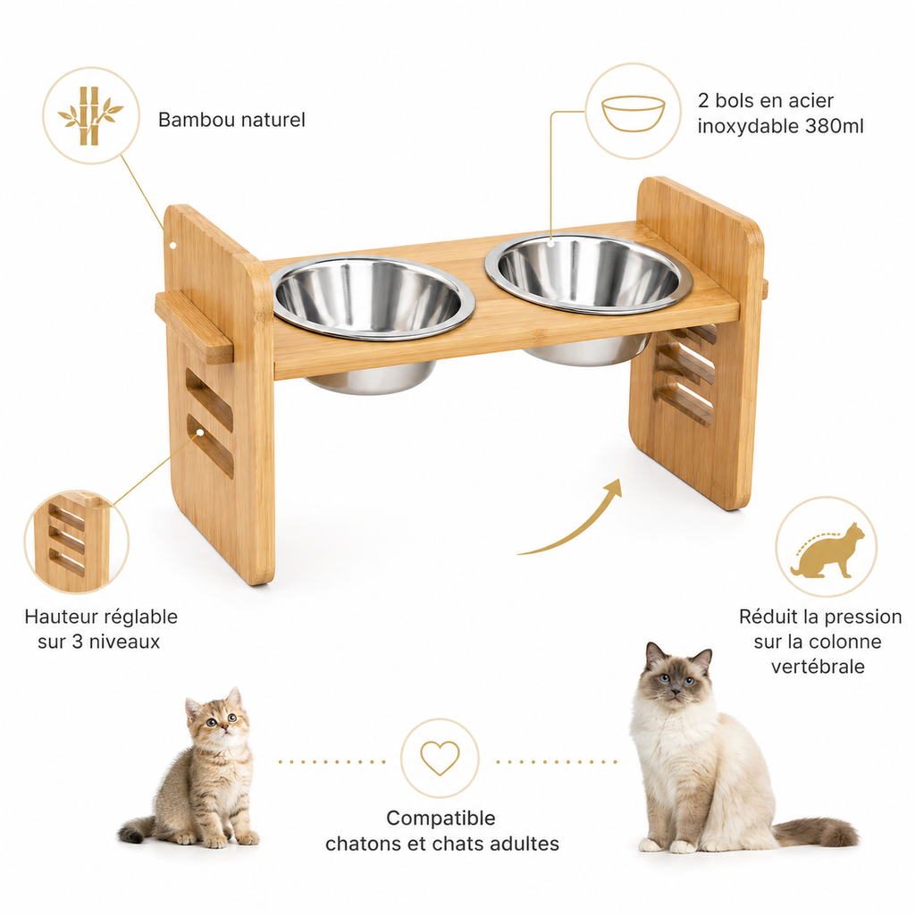 Support Gamelles Surélevé pour Chat en Bambou - 2 Bols Inox 304, 380 ml, Hauteur Réglable 3 Niveaux