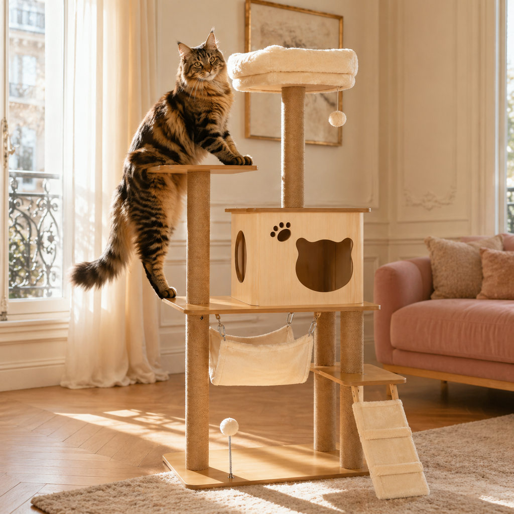 Arbre à Chat en Bois 130 cm — Grotte, Hamac, Rampe, Griffoirs en Jute, 4 Niveaux