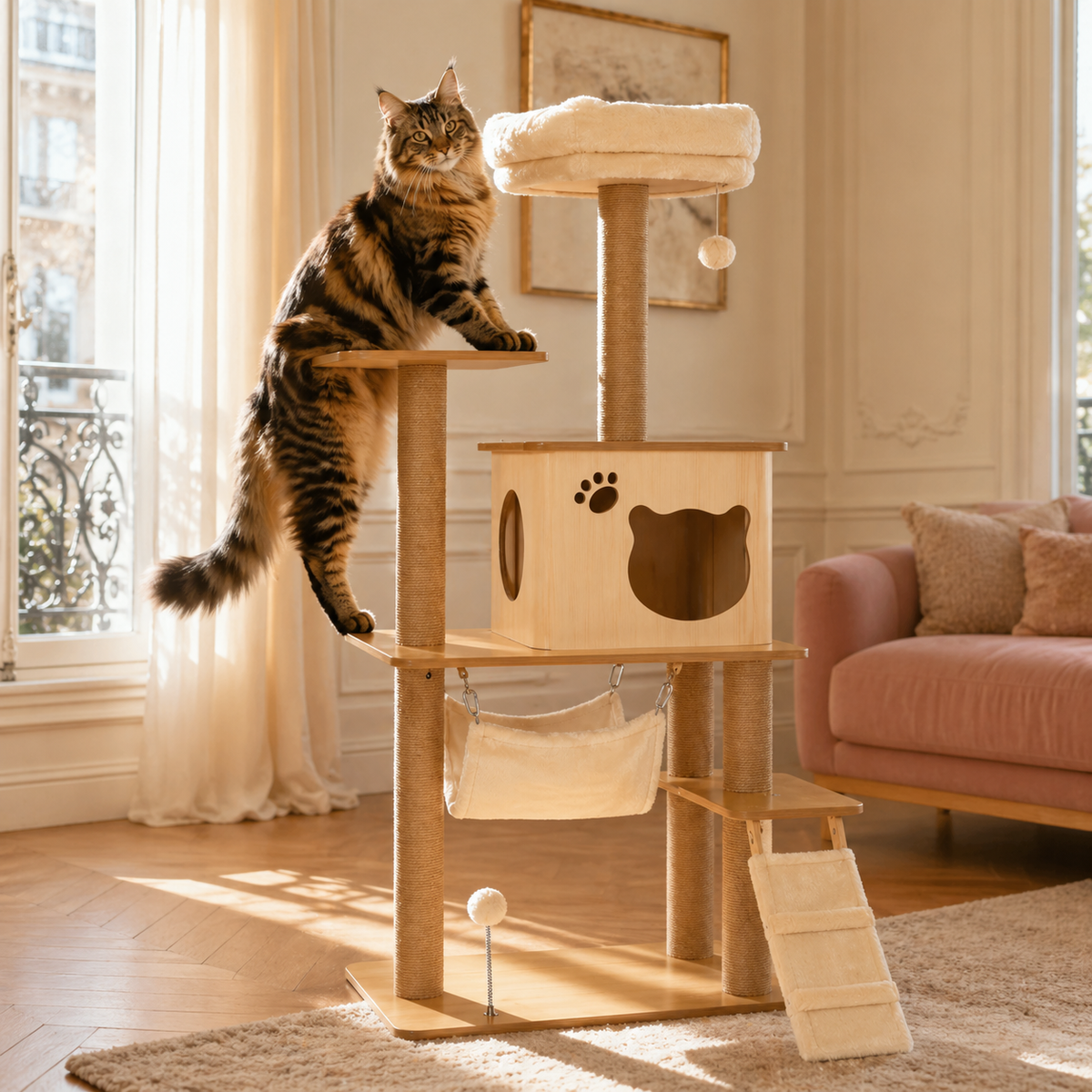 Arbre à Chat en Bois 130 cm — Grotte, Hamac, Rampe, Griffoirs en Jute, 4 Niveaux