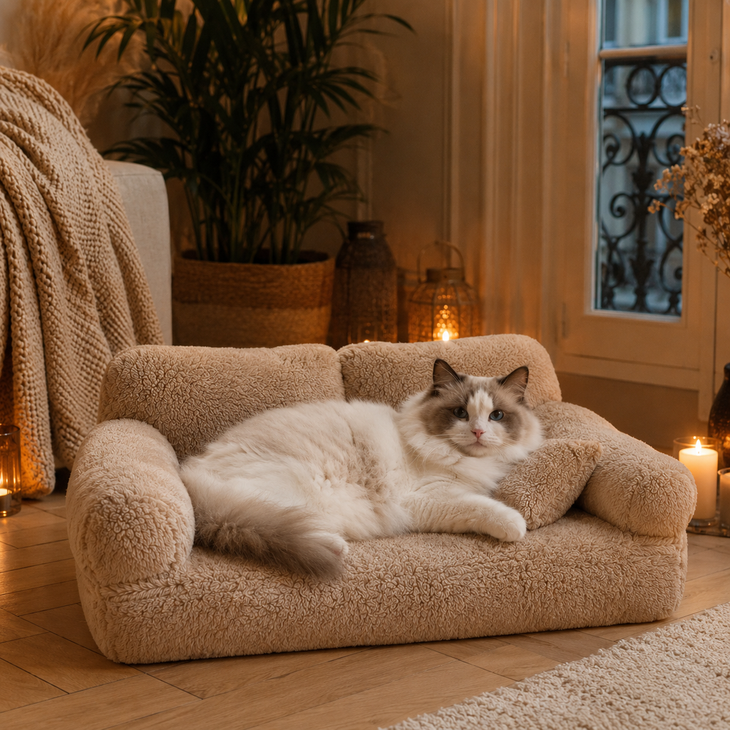 Canapé lit peluche beige salon parisien hivernal avec chat Ragdoll blanc - Aristochat